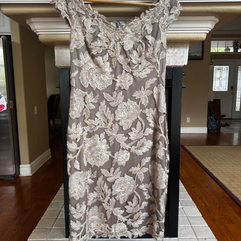 Tadashi Shoji toupe and gold embroidered floral formal sheath dress midi